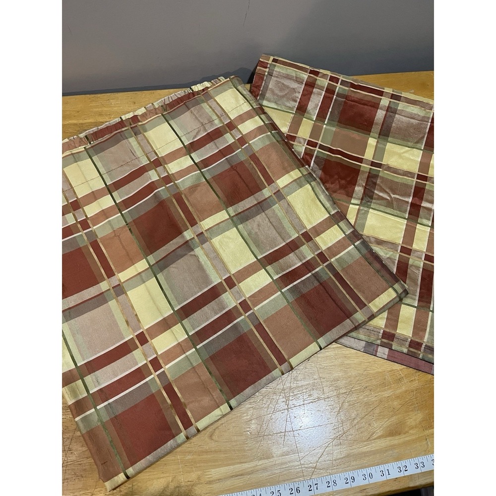 JC Penny Chris Madden Silk Curtain Panels Set of 2 Gold Rust Plaid Lined 41x82"‎